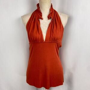Rachel Pally Ruffle Halter Blouse Size S Spice Orange Knit Top V Neck Sleeveless
